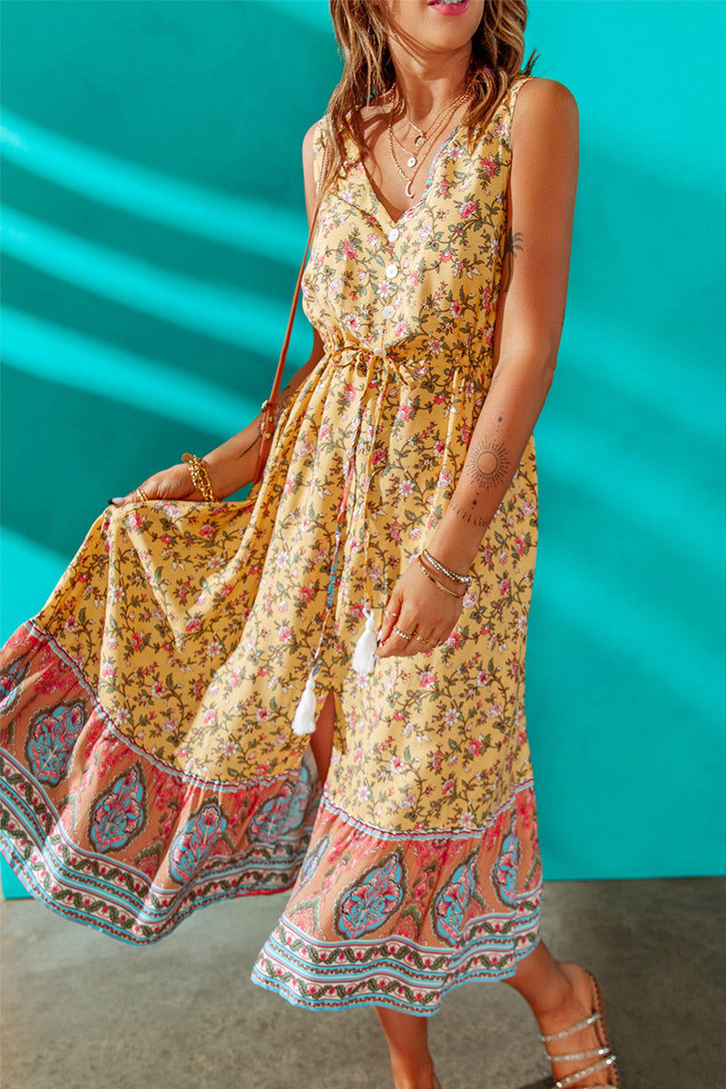 Yellow V Neck Buttoned Sleeveless Boho Floral Dress