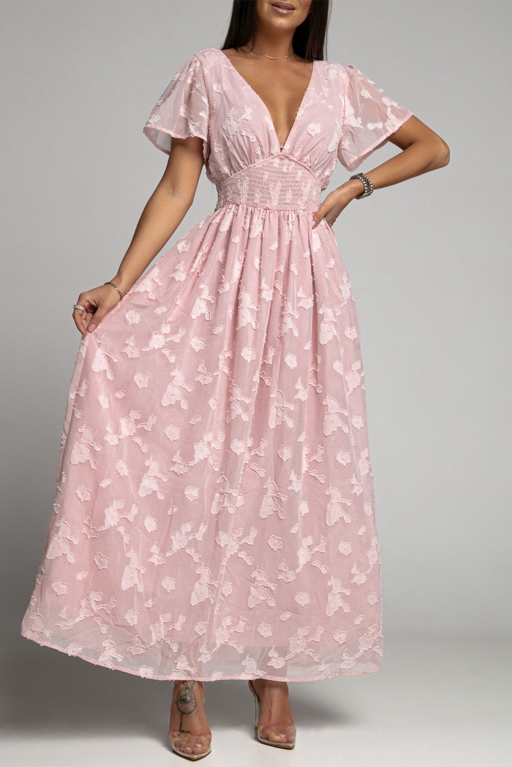 Chic Pink Floral Textured V Neck Smocked Maxi Dress