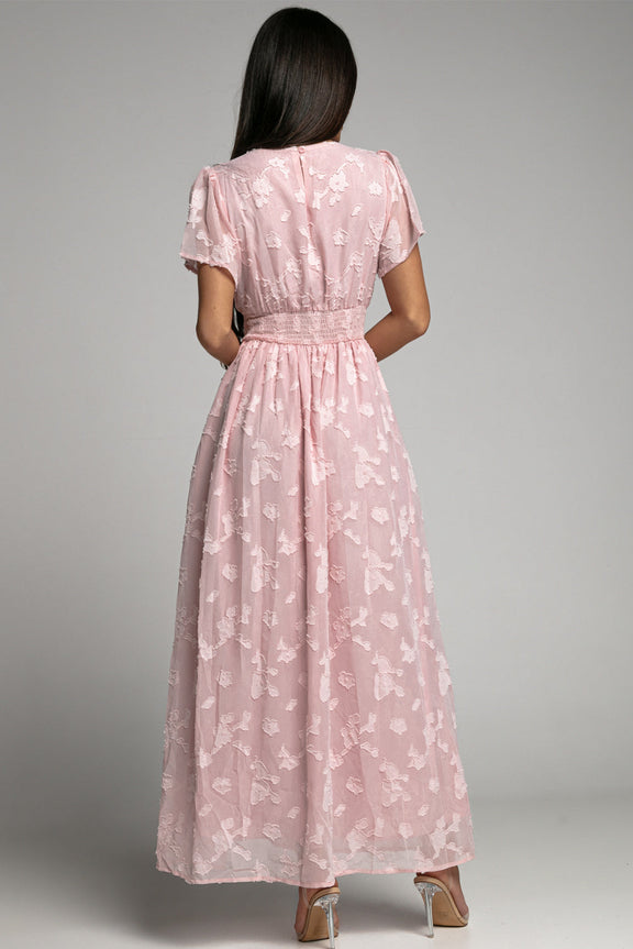 Chic Pink Floral Textured V Neck Smocked Maxi Dress