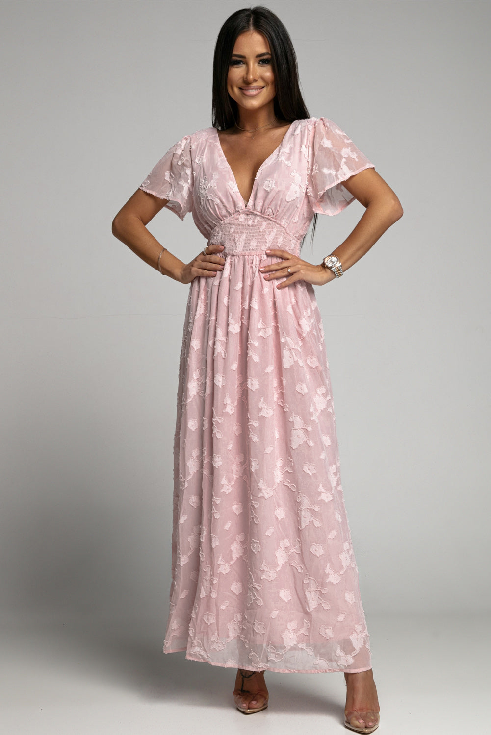 Chic Pink Floral Textured V Neck Smocked Maxi Dress