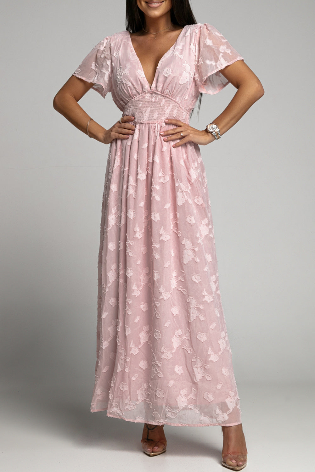 Chic Pink Floral Textured V Neck Smocked Maxi Dress