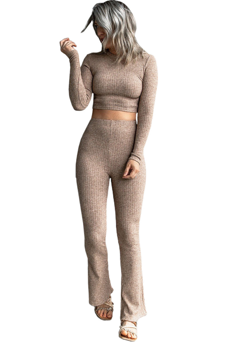 Ribbed Knit Long Sleeve Crop Top and Pants Set