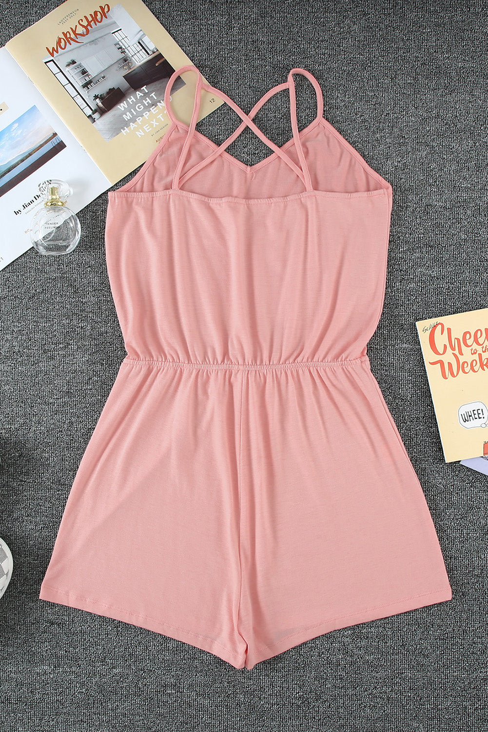 Summer Pink Spaghetti Straps Crisscross Back Romper