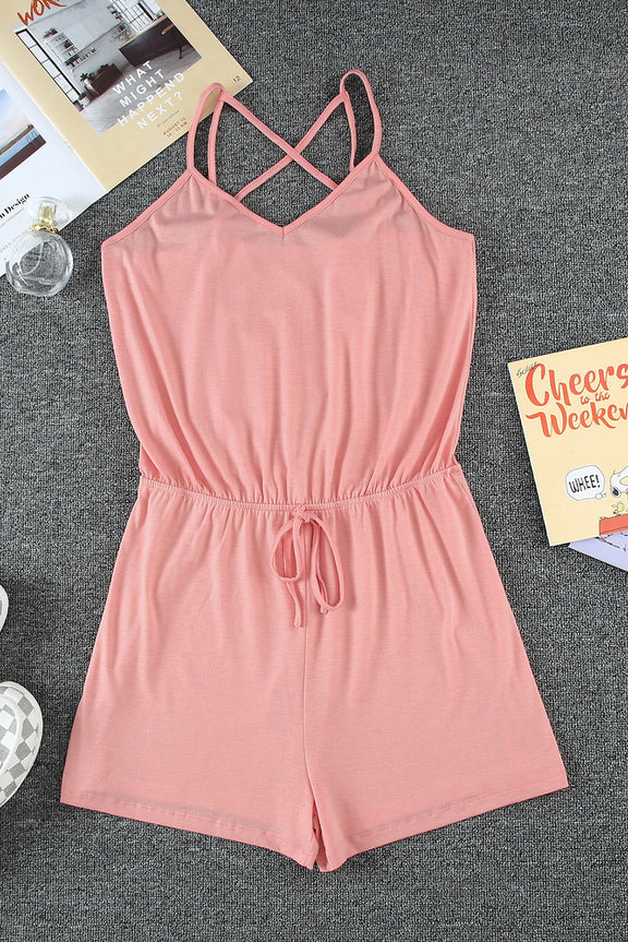 Summer Pink Spaghetti Straps Crisscross Back Romper