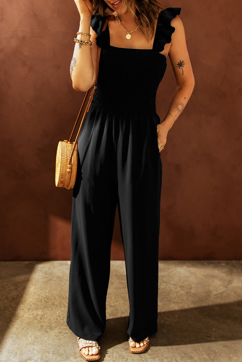 Classy Black Flutter Sleeve Smocked Wide Leg Jumpsuit