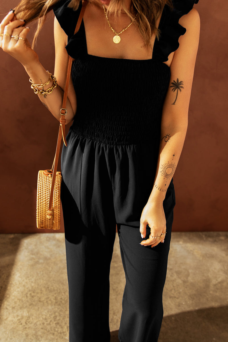 Classy Black Flutter Sleeve Smocked Wide Leg Jumpsuit