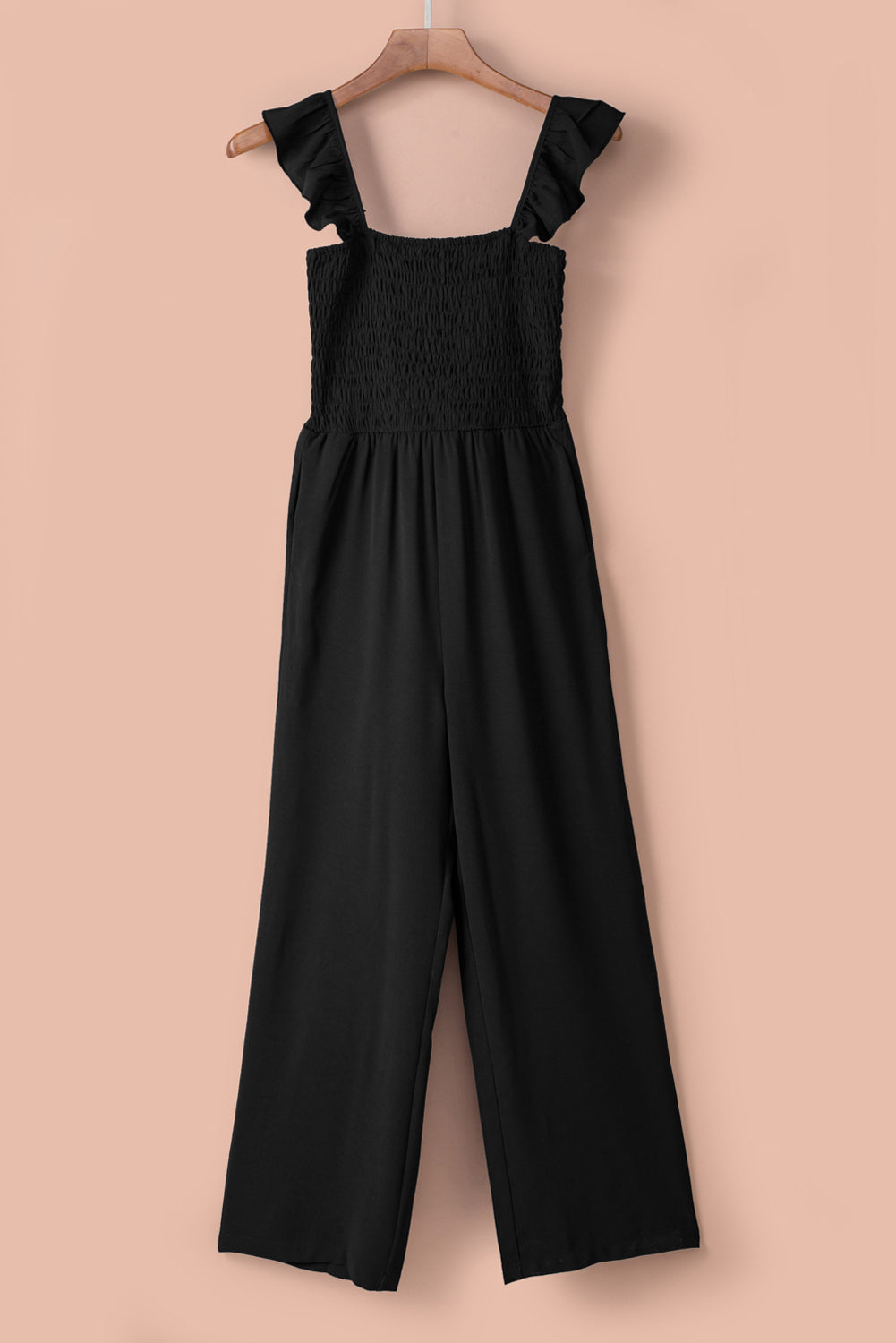 Classy Black Flutter Sleeve Smocked Wide Leg Jumpsuit