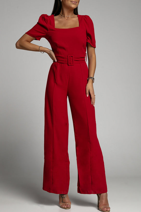 Elegant Burgundy Belted Square Neck Puff Sleeve Jumpsuit