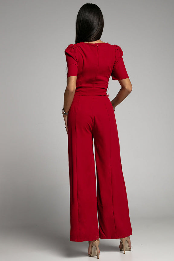 Elegant Burgundy Belted Square Neck Puff Sleeve Jumpsuit