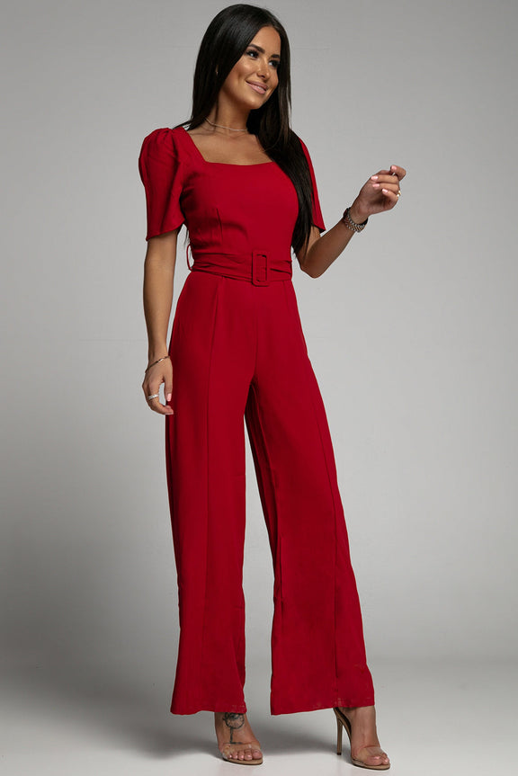 Elegant Burgundy Belted Square Neck Puff Sleeve Jumpsuit