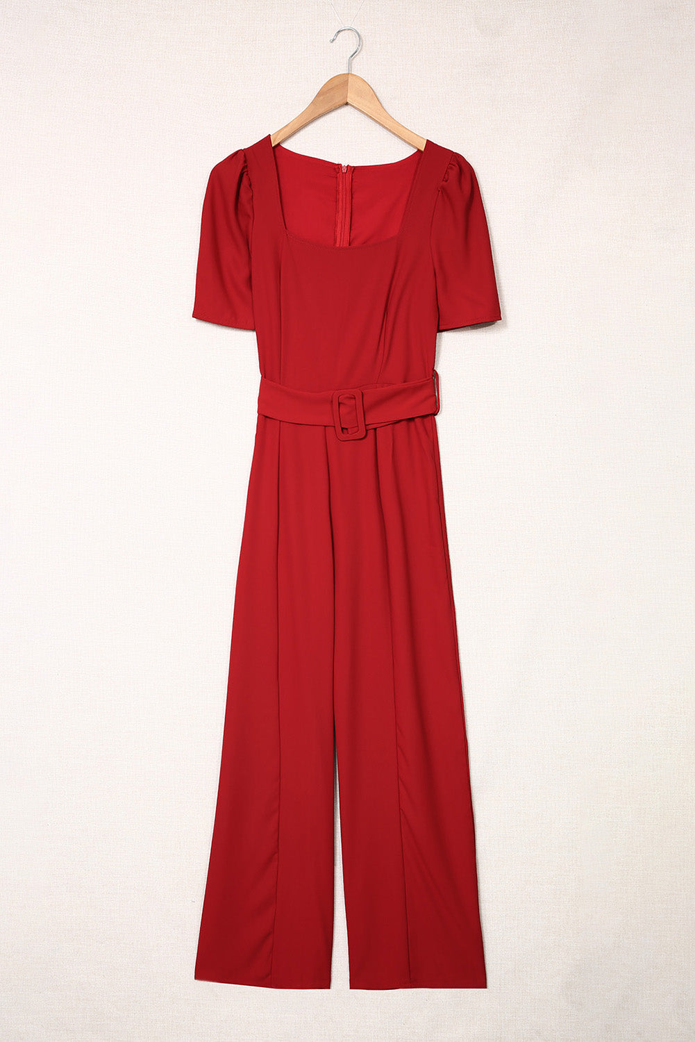 Elegant Burgundy Belted Square Neck Puff Sleeve Jumpsuit