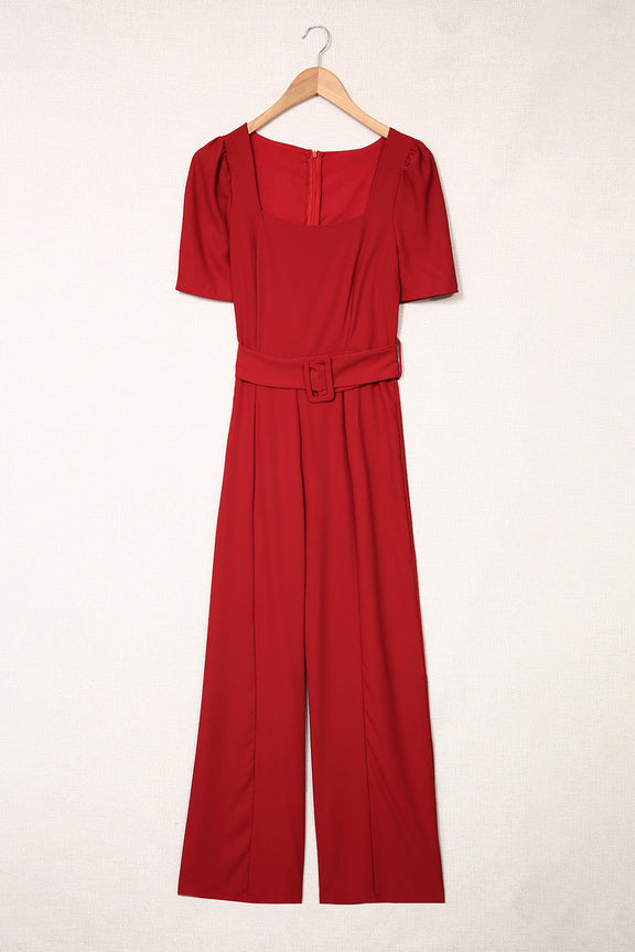 Elegant Burgundy Belted Square Neck Puff Sleeve Jumpsuit