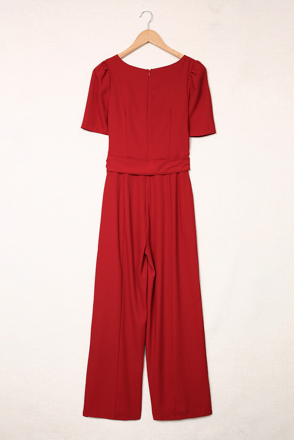 Elegant Burgundy Belted Square Neck Puff Sleeve Jumpsuit