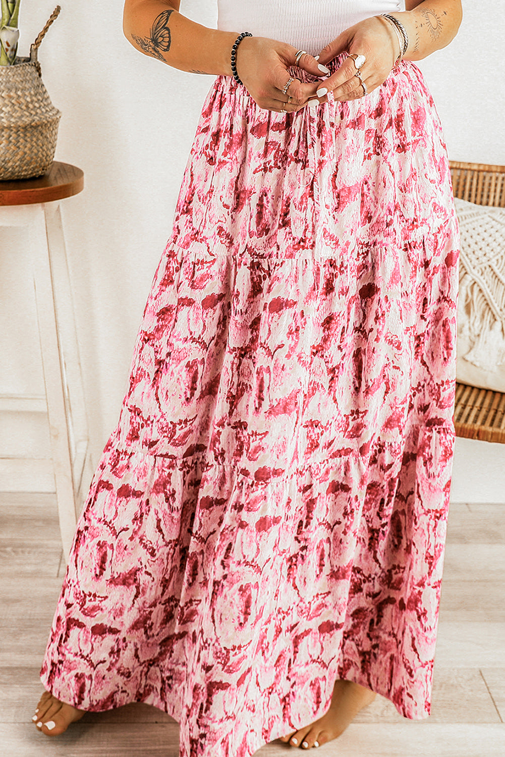 Pink Floral Printed Lace-up High Waist Maxi Skirt