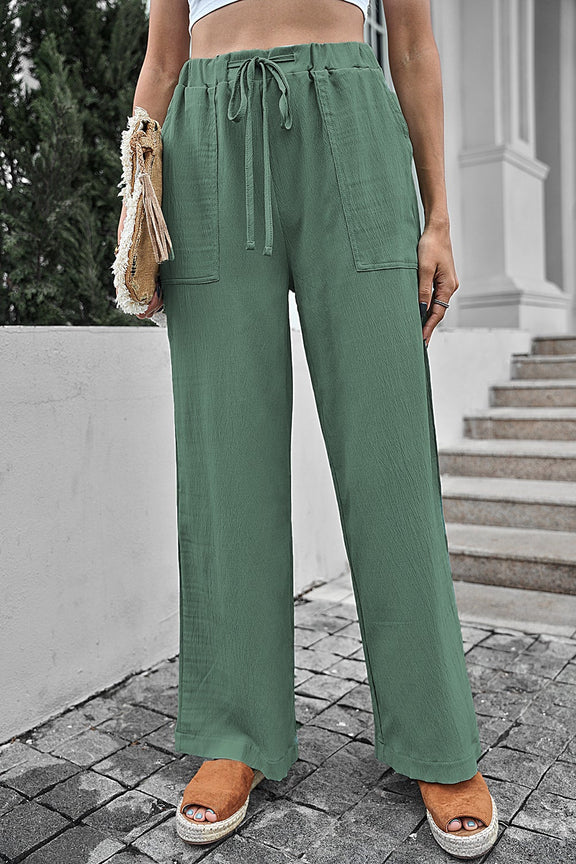 Green Drawstring Waist Crinkled Wide Leg Pants