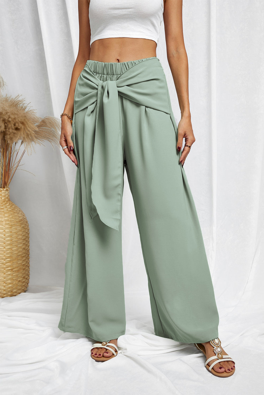 Casual Green Tie Knot Wide Leg Pants