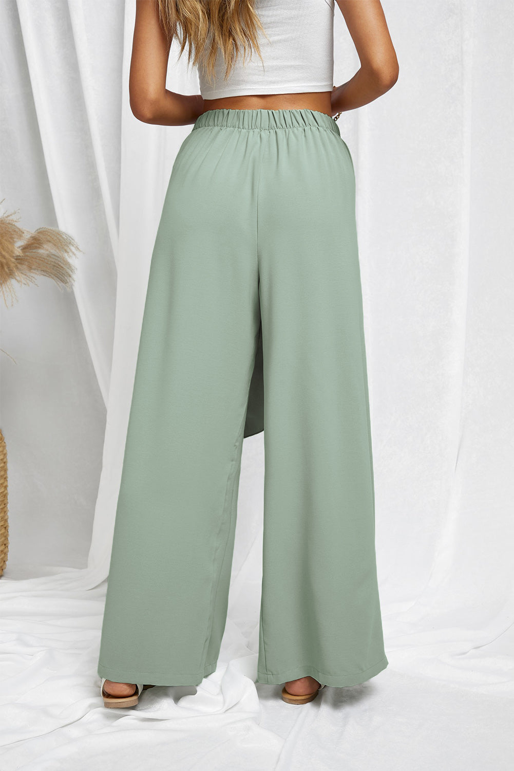 Casual Green Tie Knot Wide Leg Pants