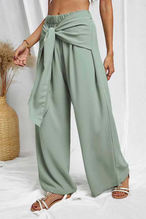 Casual Green Tie Knot Wide Leg Pants