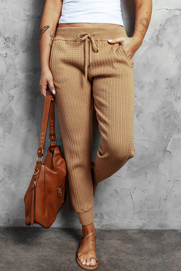 Khaki Ribbed Knit Drawstring High Waist Jogger Pants