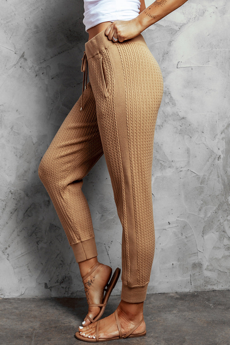 Khaki Ribbed Knit Drawstring High Waist Jogger Pants