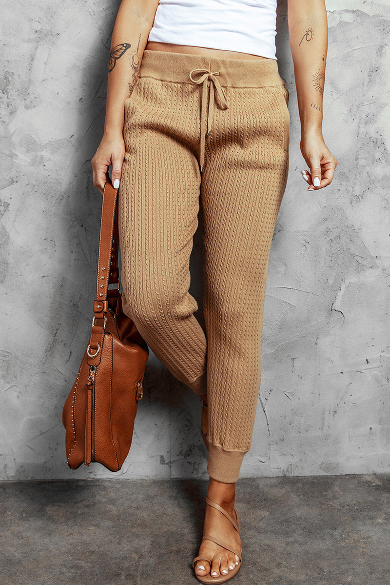 Khaki Ribbed Knit Drawstring High Waist Jogger Pants