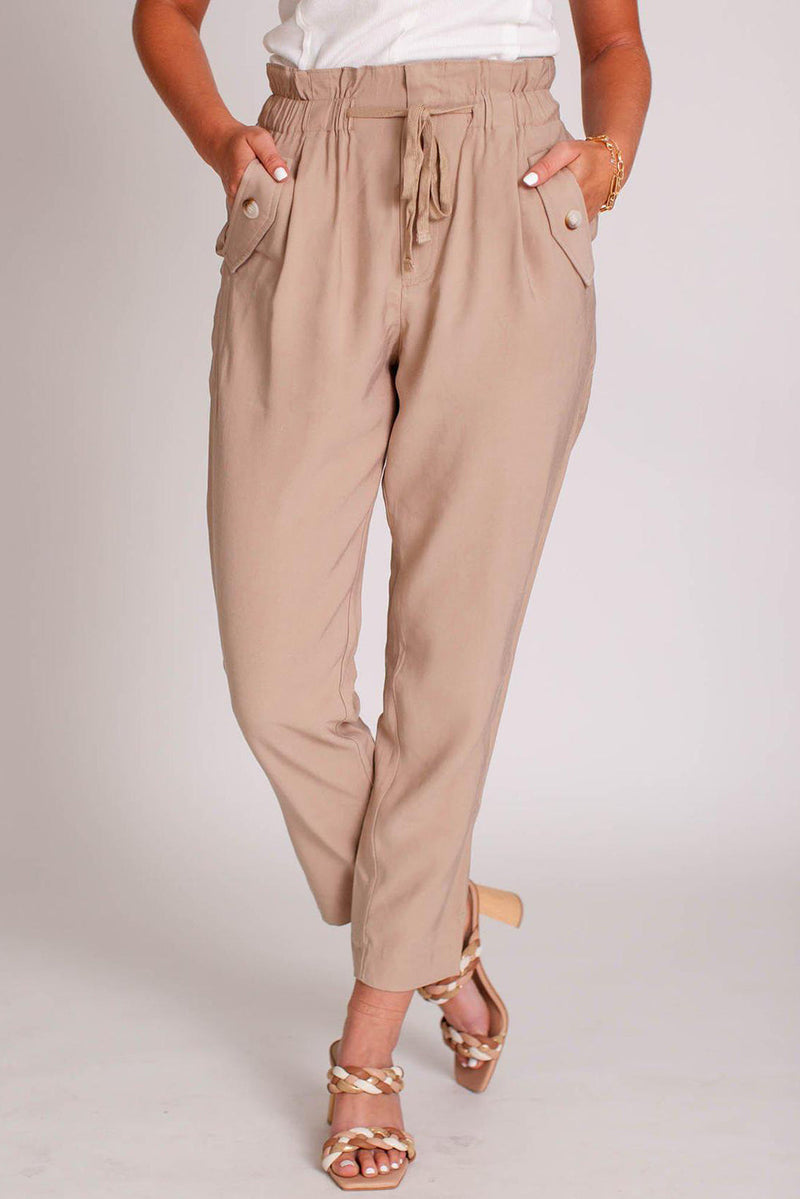 Casual Khaki Solid Color Paperbag Pants