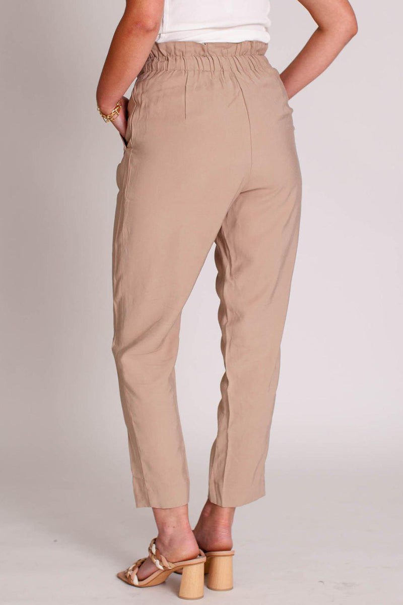 Casual Khaki Solid Color Paperbag Pants