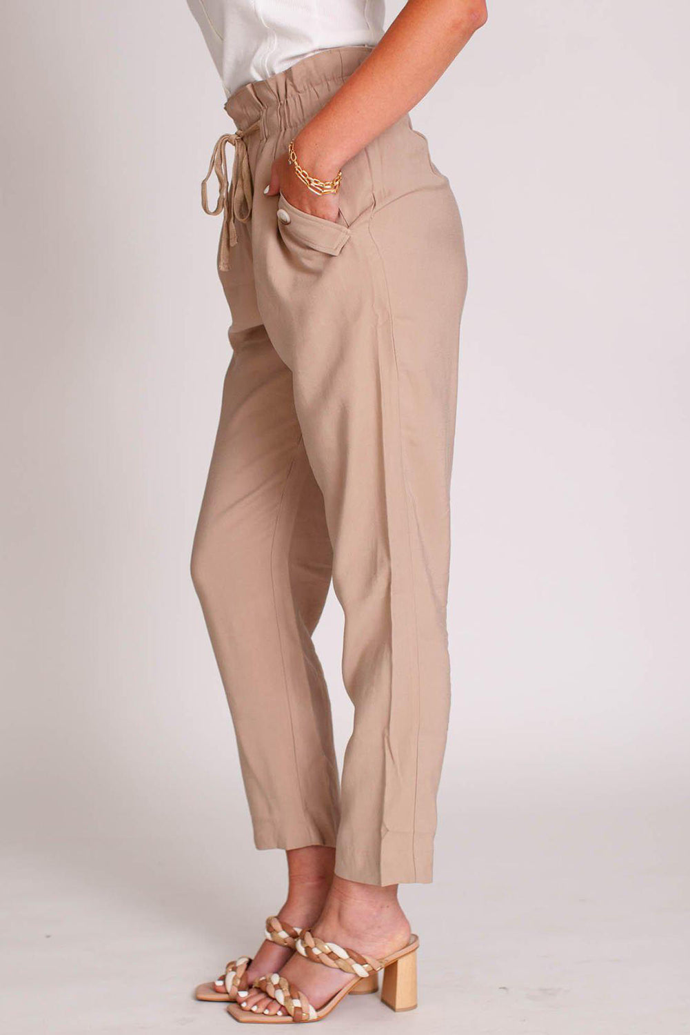 Casual Khaki Solid Color Paperbag Pants