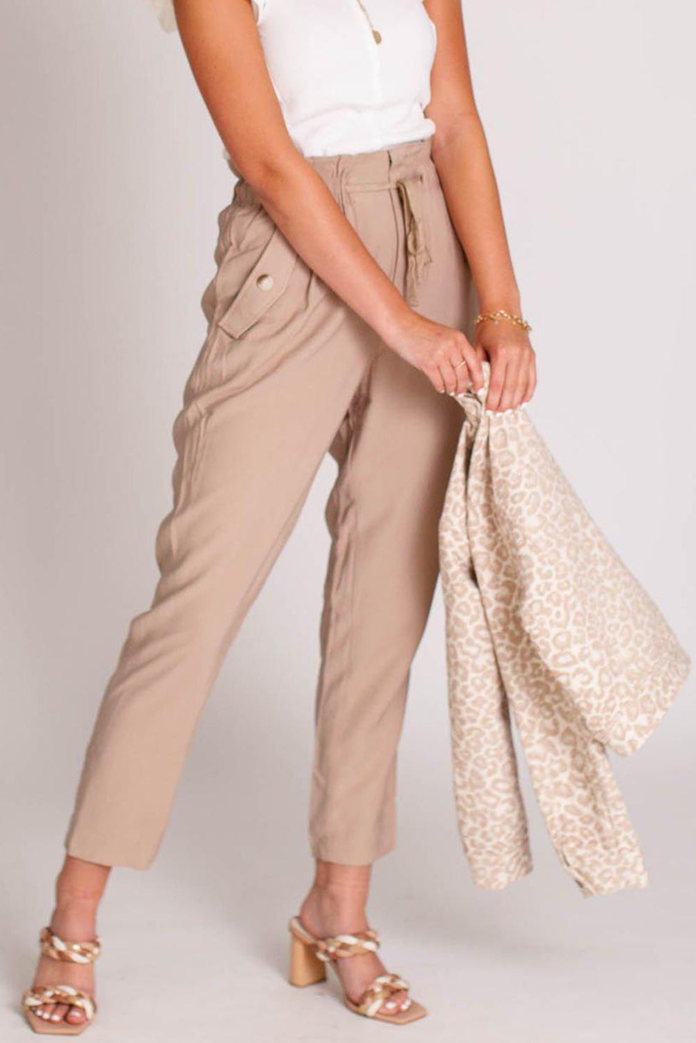 Casual Khaki Solid Color Paperbag Pants