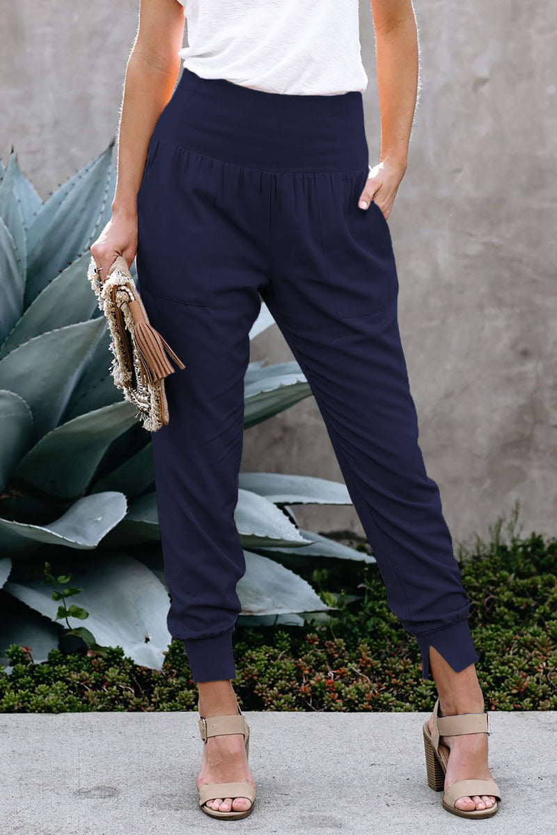 Women Casual Blue Pocketed Stretchy High Waistband Cotton Joggers