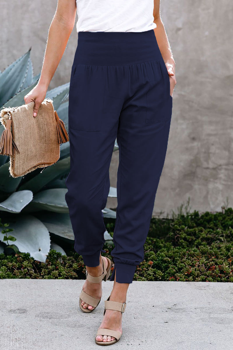 Women Casual Blue Pocketed Stretchy High Waistband Cotton Joggers