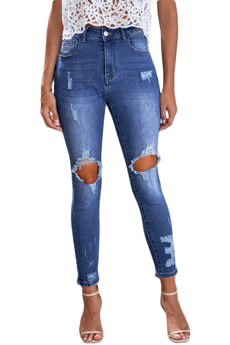 Women Fashion Blue Ripped Distressed High Waist Skinny Jeans