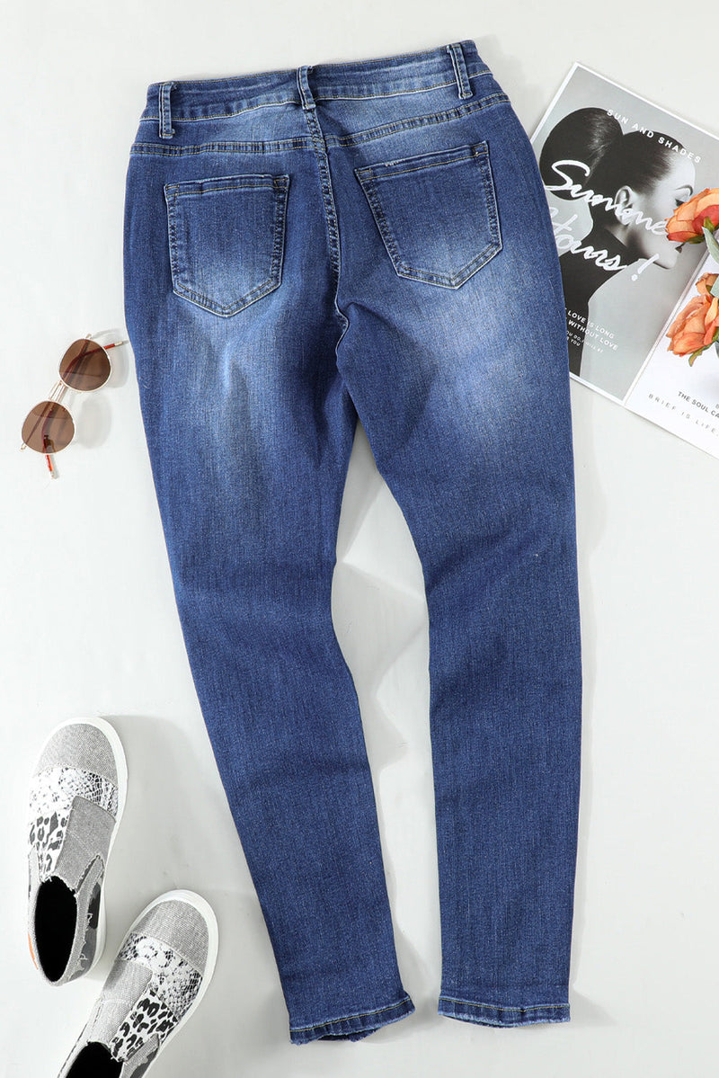 Women Fashion Blue Ripped Distressed High Waist Skinny Jeans