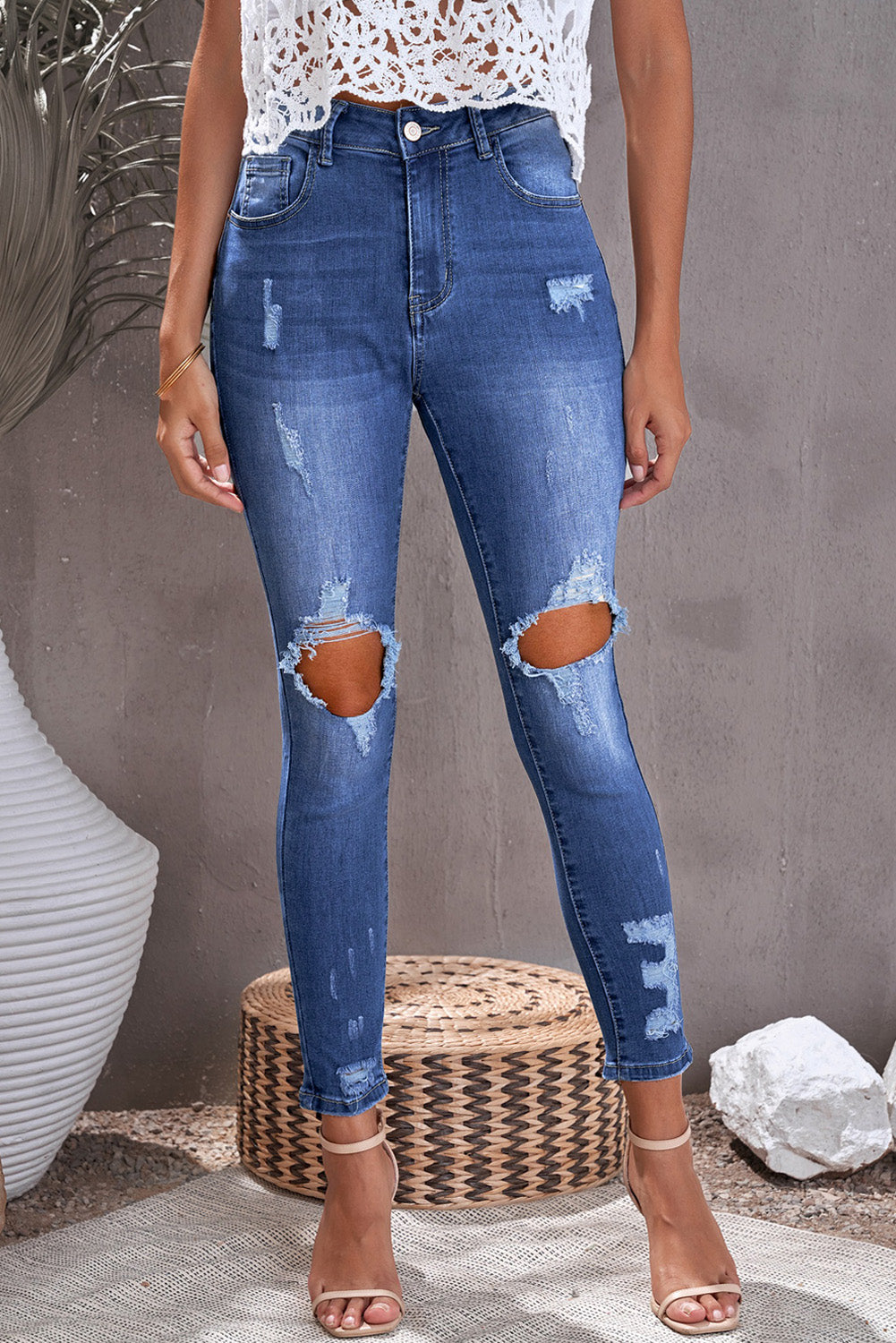 Women Fashion Blue Ripped Distressed High Waist Skinny Jeans