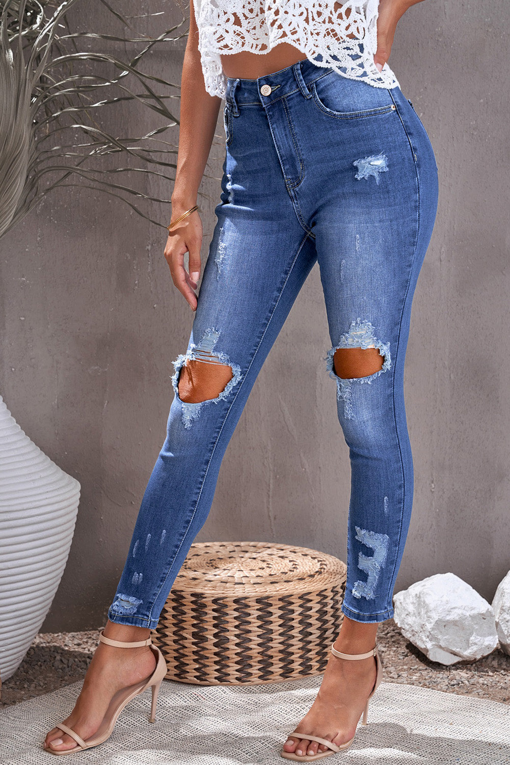 Women Fashion Blue Ripped Distressed High Waist Skinny Jeans