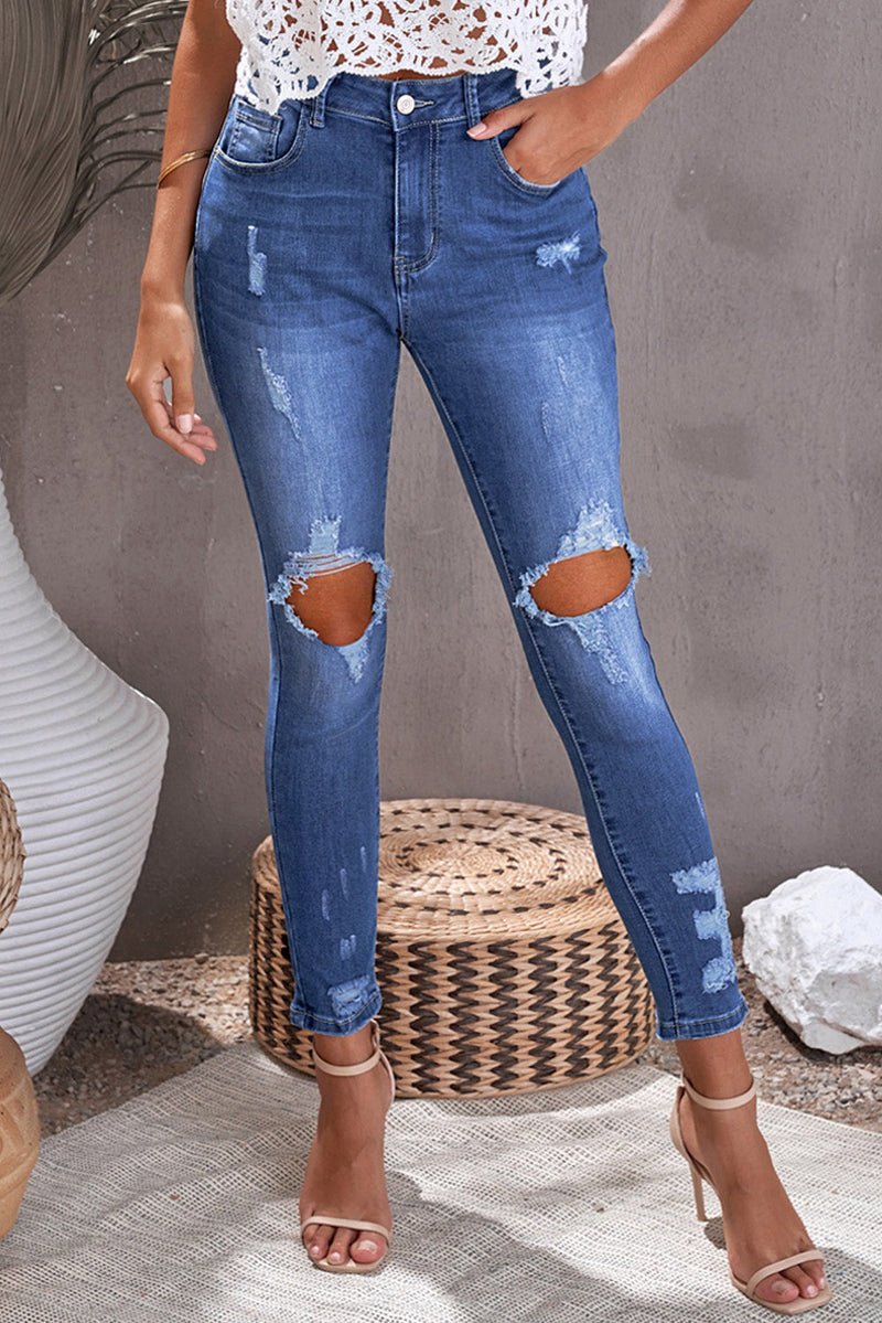 Women Fashion Blue Ripped Distressed High Waist Skinny Jeans