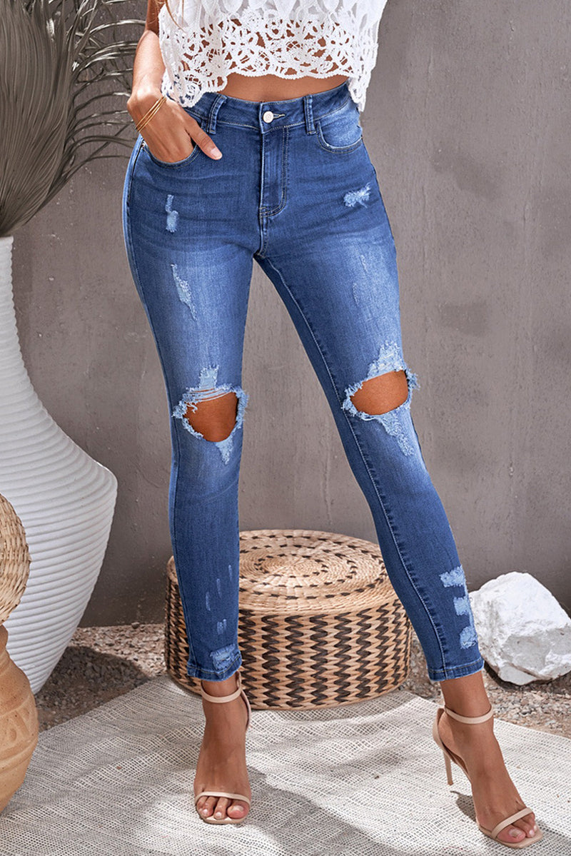 Women Fashion Blue Ripped Distressed High Waist Skinny Jeans