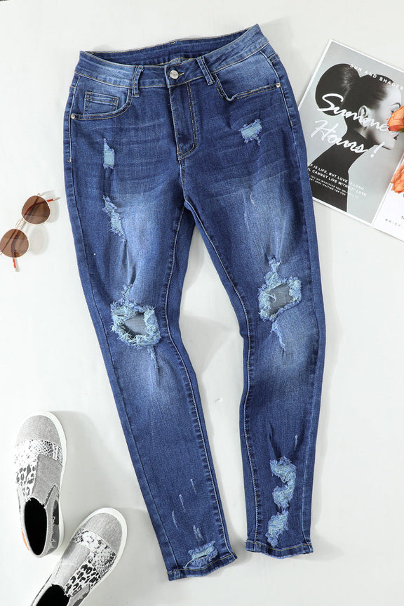 Women Fashion Blue Ripped Distressed High Waist Skinny Jeans