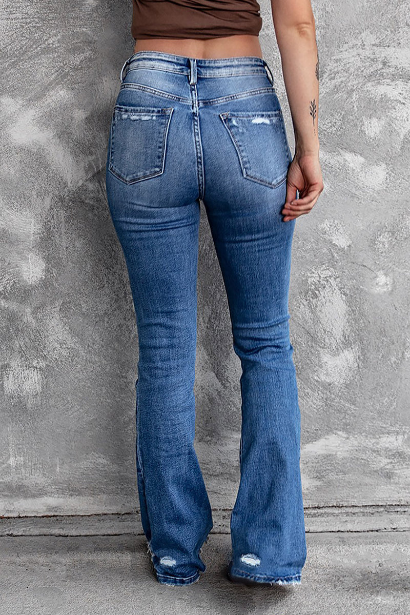 Womens Blue Distressed Flare Jeans