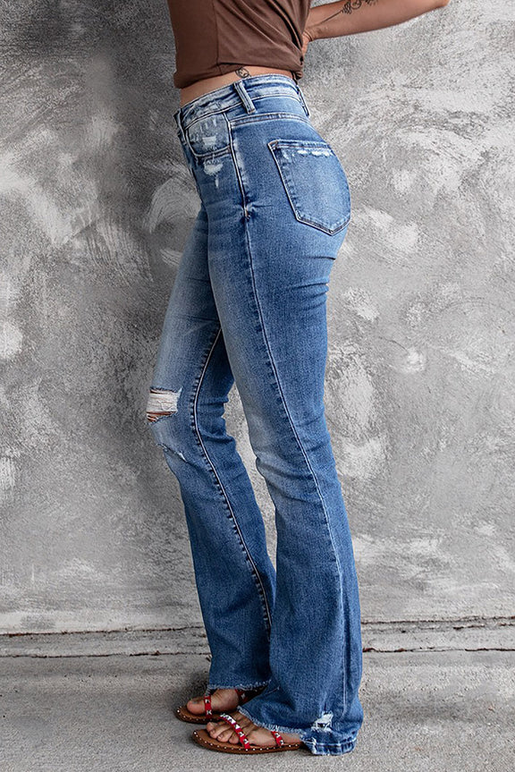 Womens Blue Distressed Flare Jeans