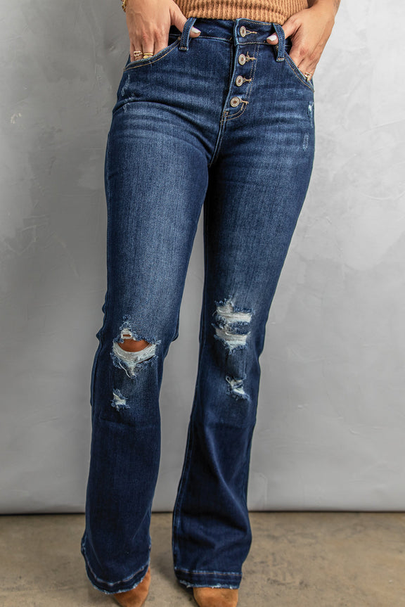 Womens Dark Washed Distressed Flare Bottom Jeans