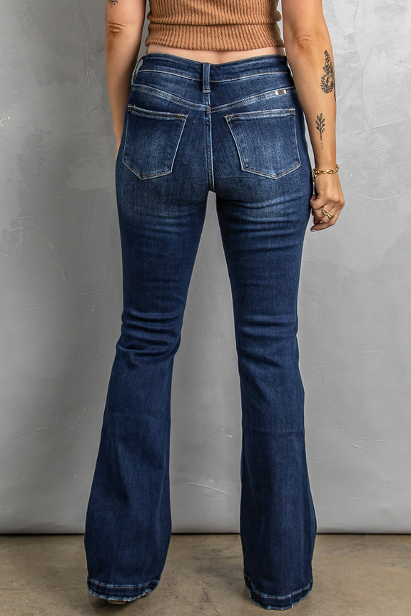 Womens Dark Washed Distressed Flare Bottom Jeans