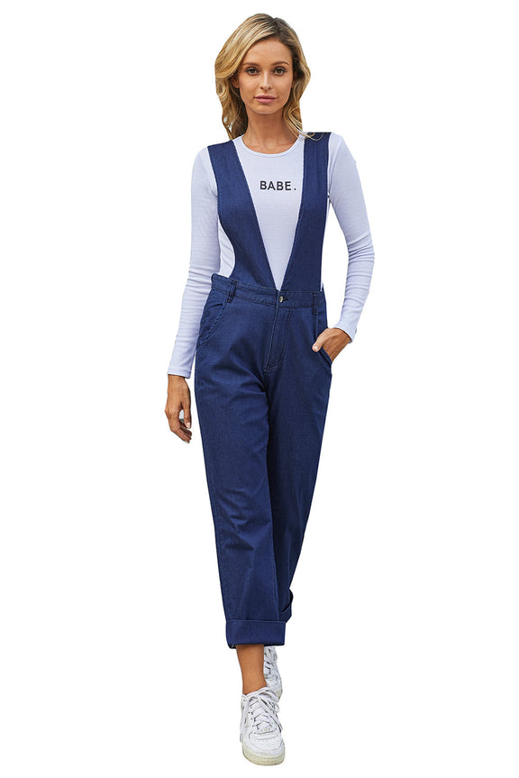 Women's Blue Straight Leg High Waist Denim Overall