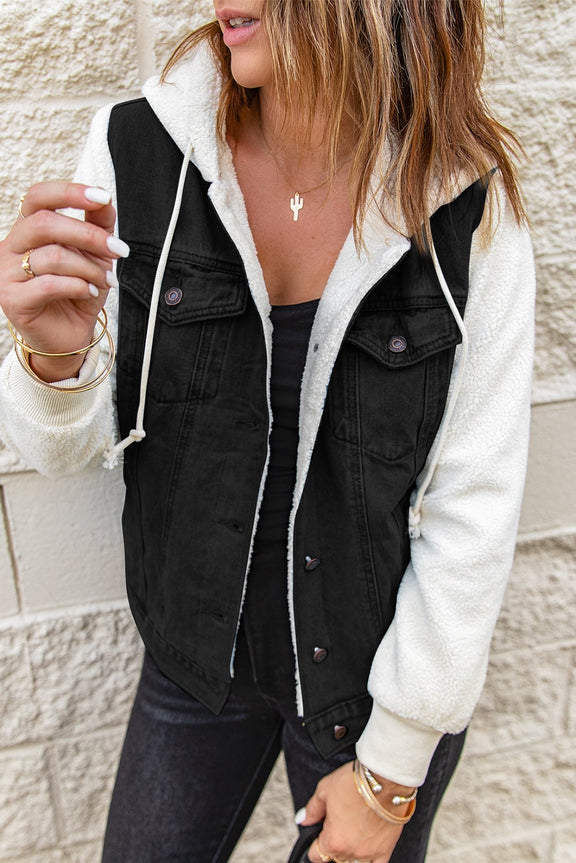 Black Sherpa Denim Splicing Buttoned Jacket