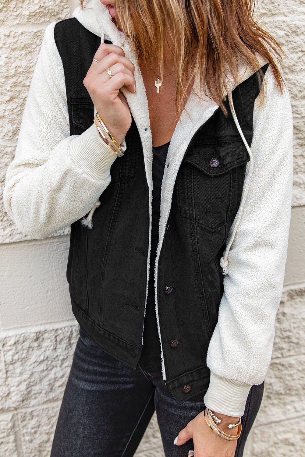 Black Sherpa Denim Splicing Buttoned Jacket