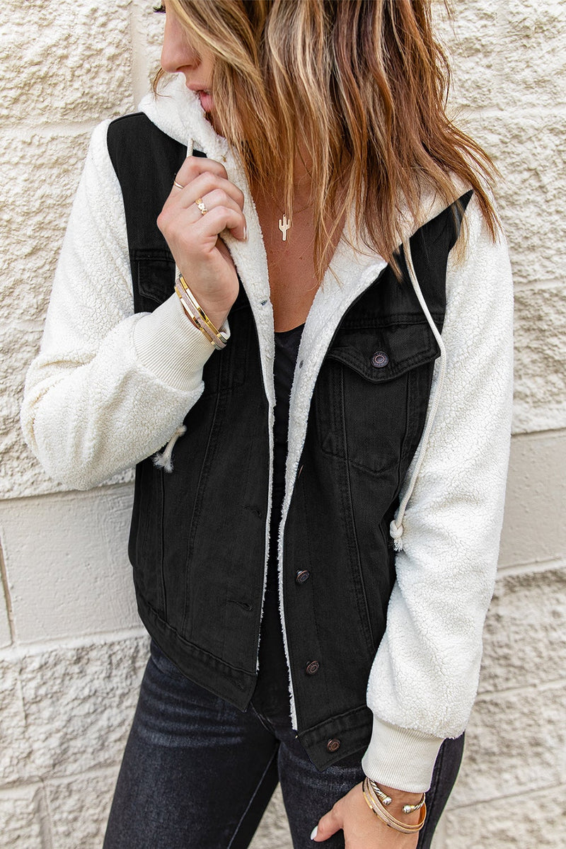 Black Sherpa Denim Splicing Buttoned Jacket