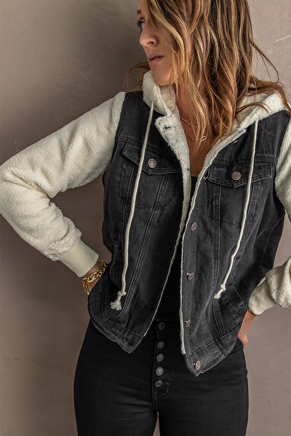 Black Sherpa Denim Splicing Buttoned Jacket