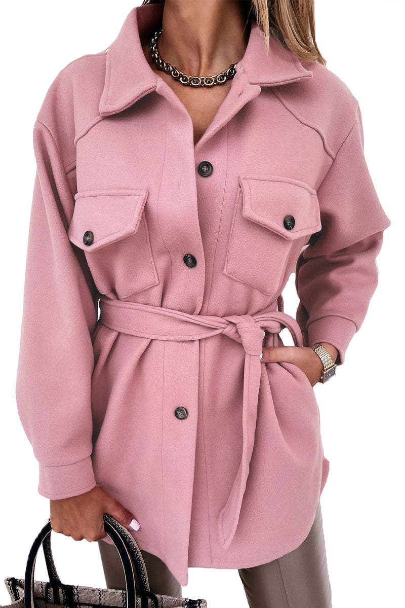 Pink Lapel Button-Down Coat with Chest Pockets