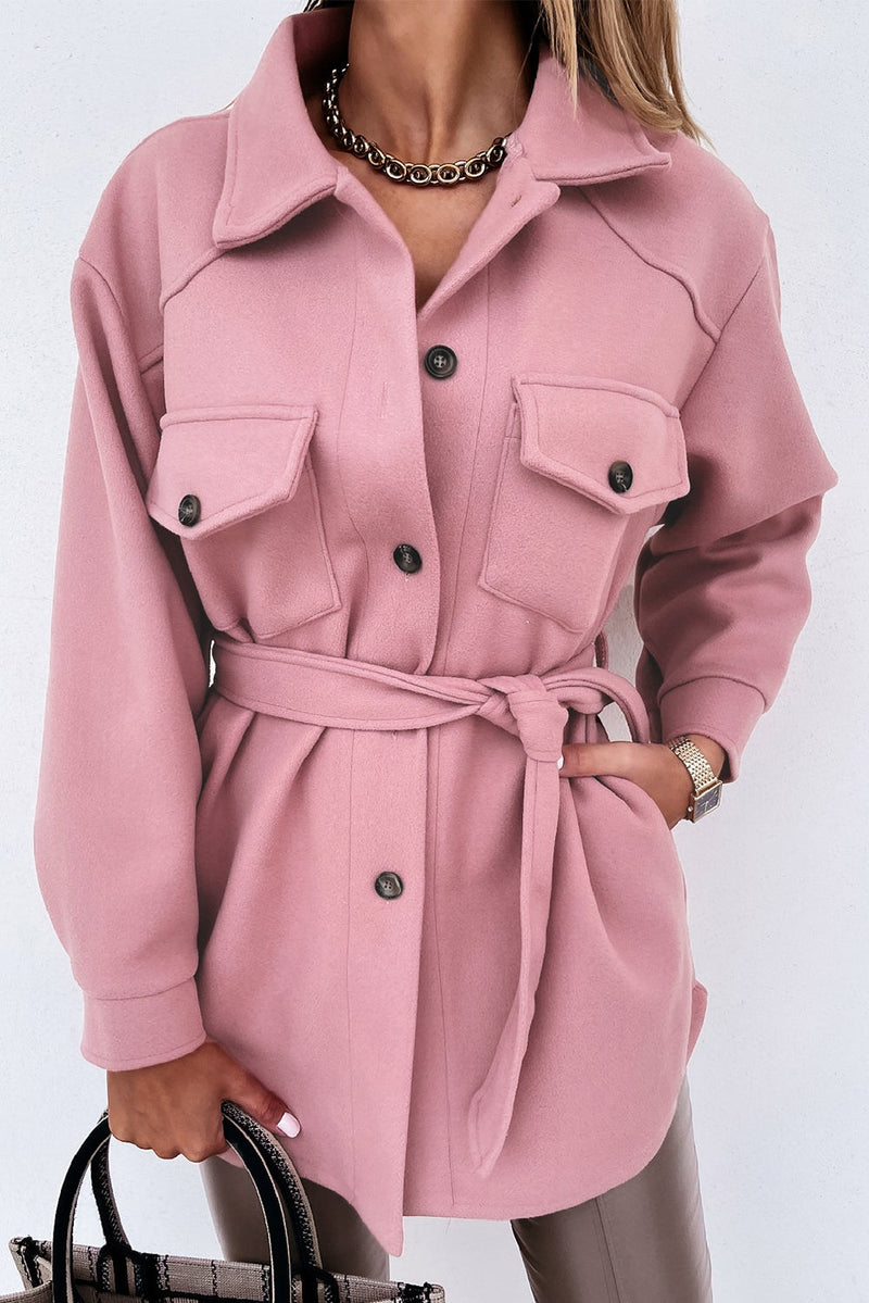 Pink Lapel Button-Down Coat with Chest Pockets