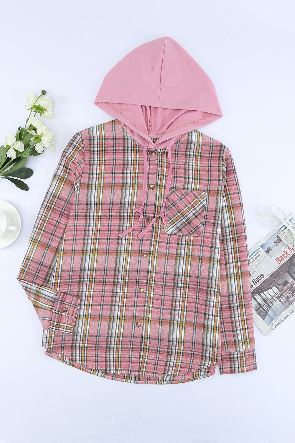 Casual Drawstring Plaid Hooded Shirt Coat